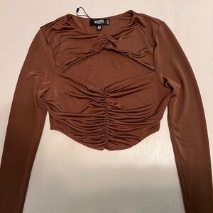Petite Brown Cut Out Ruched Slinky Crop Top
